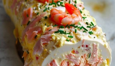 Tronchetto sabroso con sabores de mariscos: cangrejo, salmón ahumado y camarones
